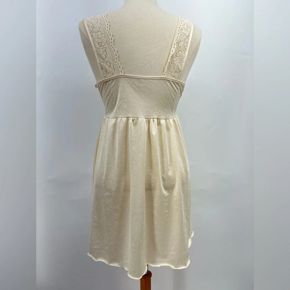Vintage M Ivory Nylon Lace Slip Dress bustier 0216 Romantic wedding medium